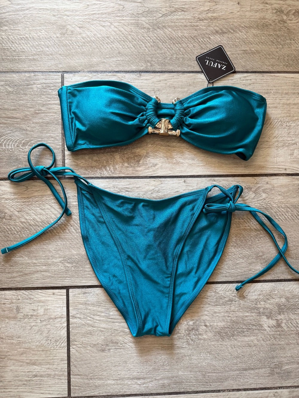 Zaful Teal Strapless Bikini Set with Gold Hardware